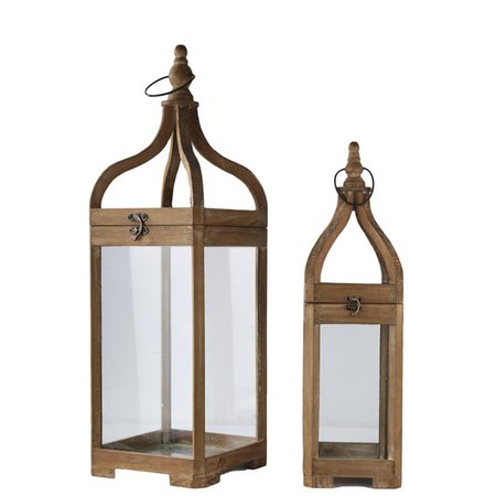 URBAN TRENDS COLLECTION Wood Square Lantern with Top Metal Ring Hanger  Glass Sides Natural Brown Set of 2 54209